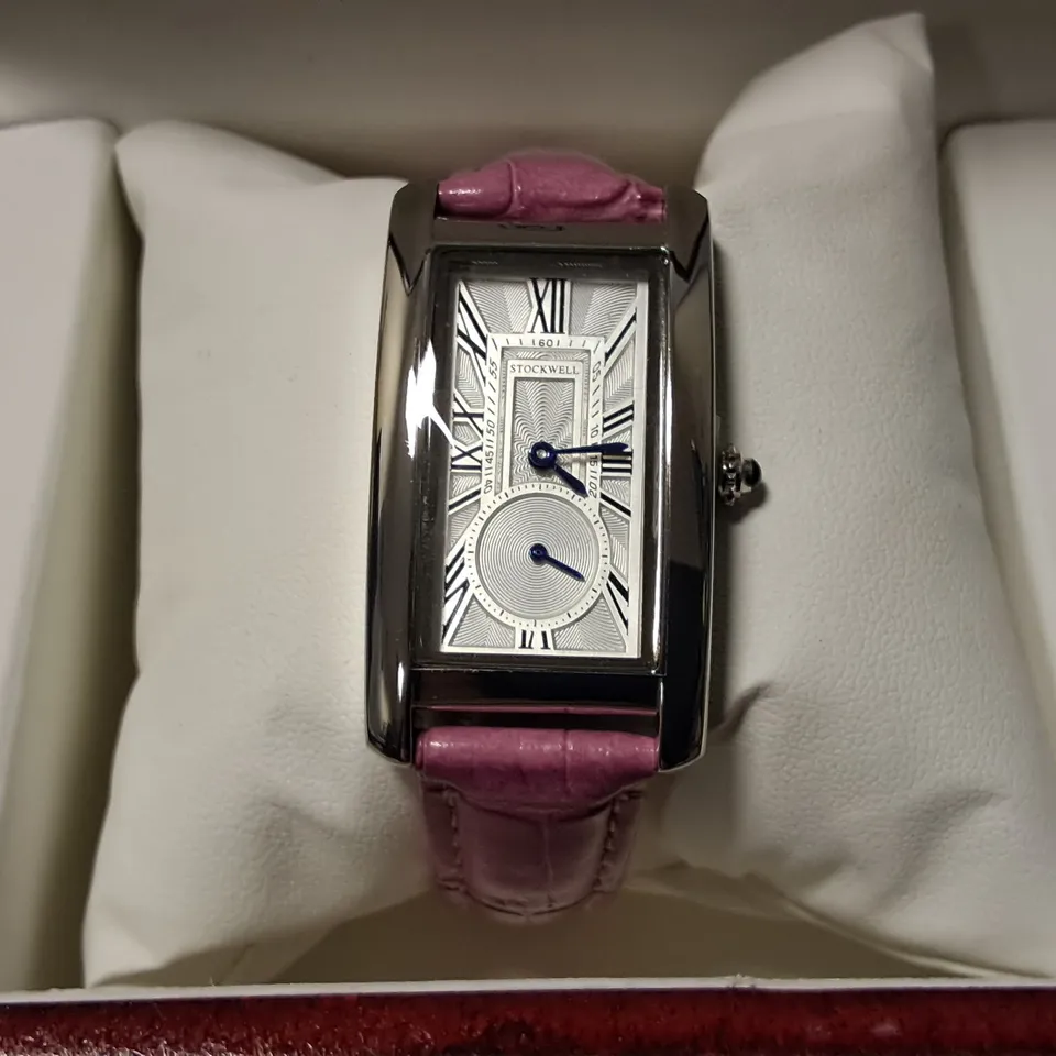 STOCK WELL RECTANGULAR STAINLESS STEEL LADIES WATCH WITH PINK LEATHER STRAP IN GIFT BOX