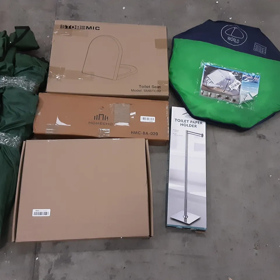 PALLET OF ASSORTED PRODUCTS INCLUDING TICWELL GARMENT STEAMER, AIR COOLER, DOUBLE DECK GARMENT RACK, TOILET PAPER HOLDER, STOREMIC TOILETS SEAT, HOMECHO