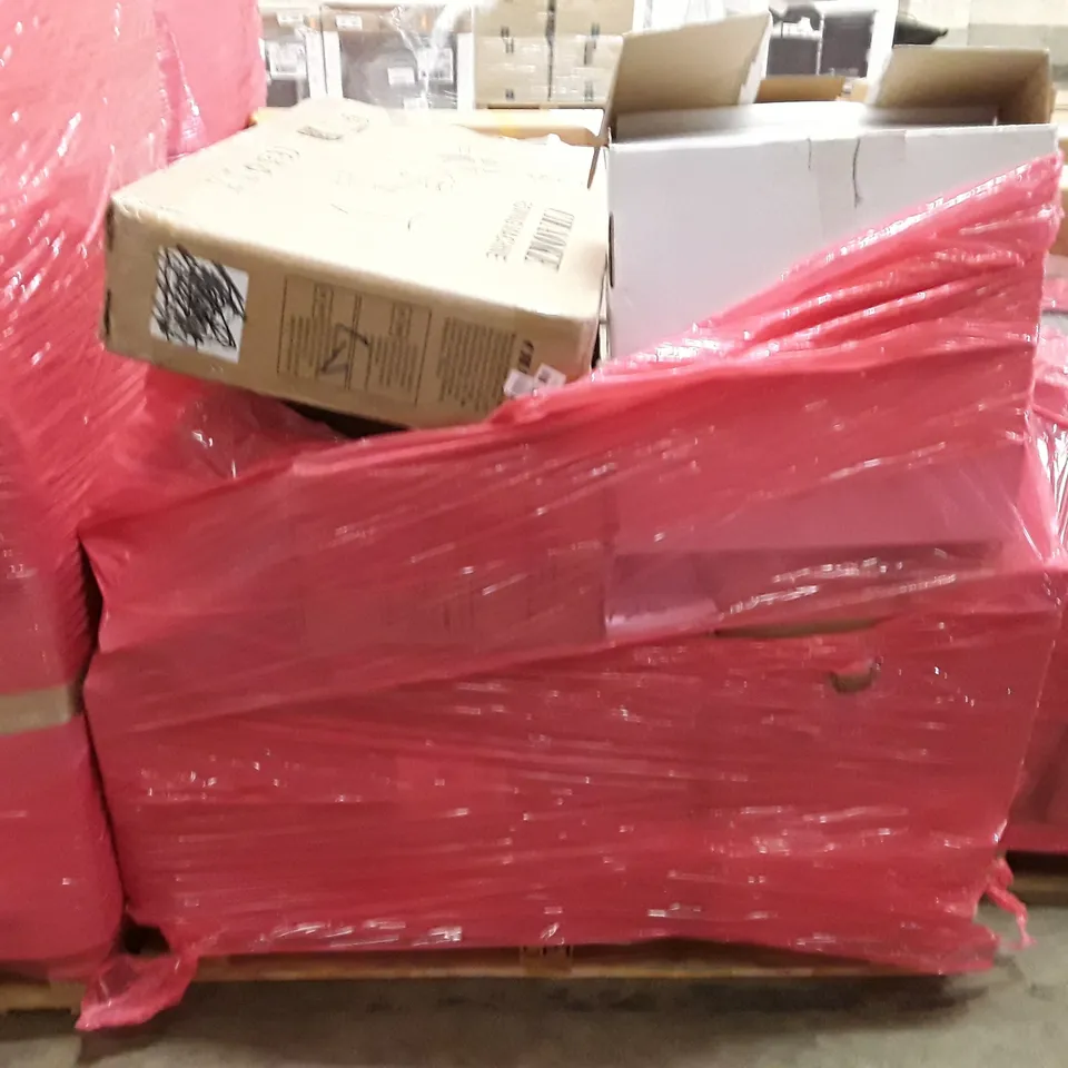 PALLET TO CONTAIN AN ASSORTMENT OF HOUSEHOLD ITEMS TO INCLUDE THERMOSTATIC SHOWER MIXER, INFLATABLE DARTBOARD GAME, SANITARY WATER PUMP AND ROWING MACHINE ECT