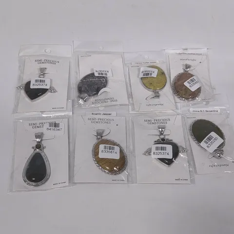 LOT OF 8 BRAND NEW SEMI-PRECIOUS GEMSTONE NECKLACE PENDANTS TO INCLUDE RAINBOW PICASSO STONE AND SCENIC JASPER