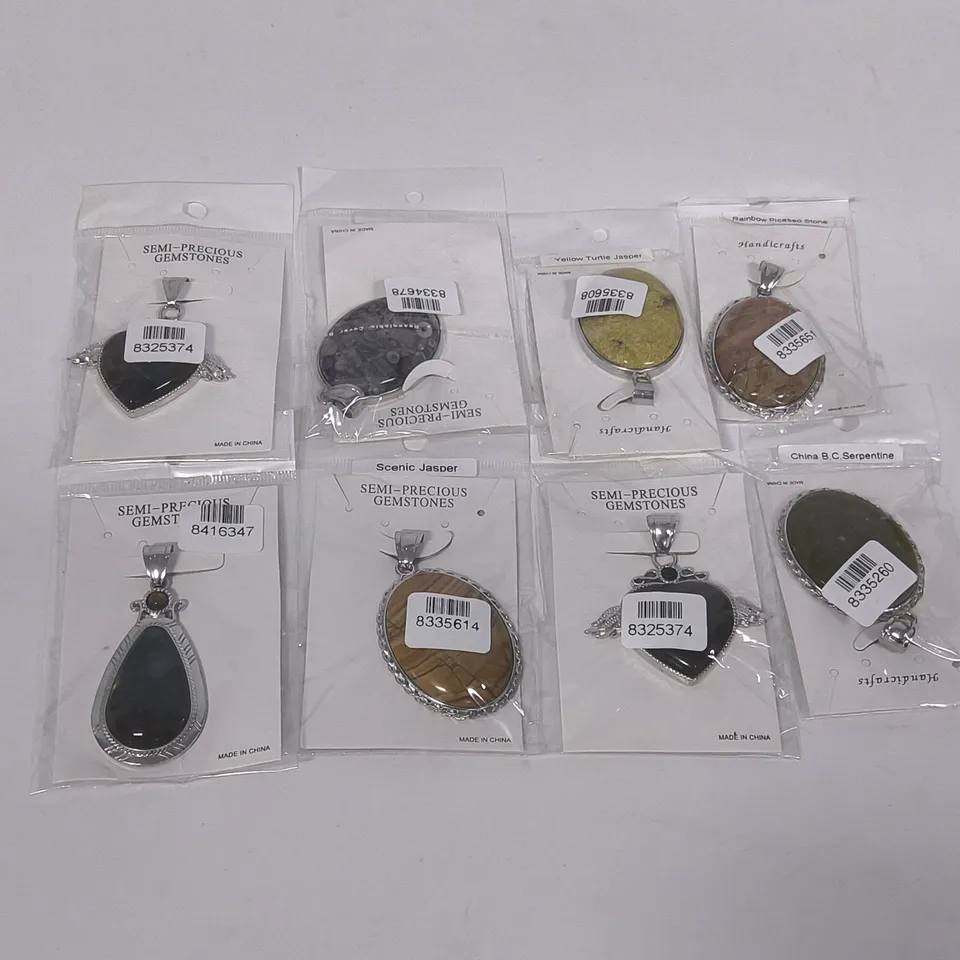 LOT OF 8 BRAND NEW SEMI-PRECIOUS GEMSTONE NECKLACE PENDANTS TO INCLUDE RAINBOW PICASSO STONE AND SCENIC JASPER