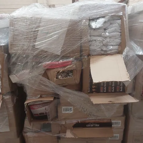 PALLET CONTAINING A VERY LARGE QUANTITY OF ASSORTED ITEMS INCLUDING: HALLOWEEN SPIDER DECORATIONS, CHRISTMAS WREATH STORAGE CASES, LED GIFT BOXES, BULB STRING LIGHTS ECT