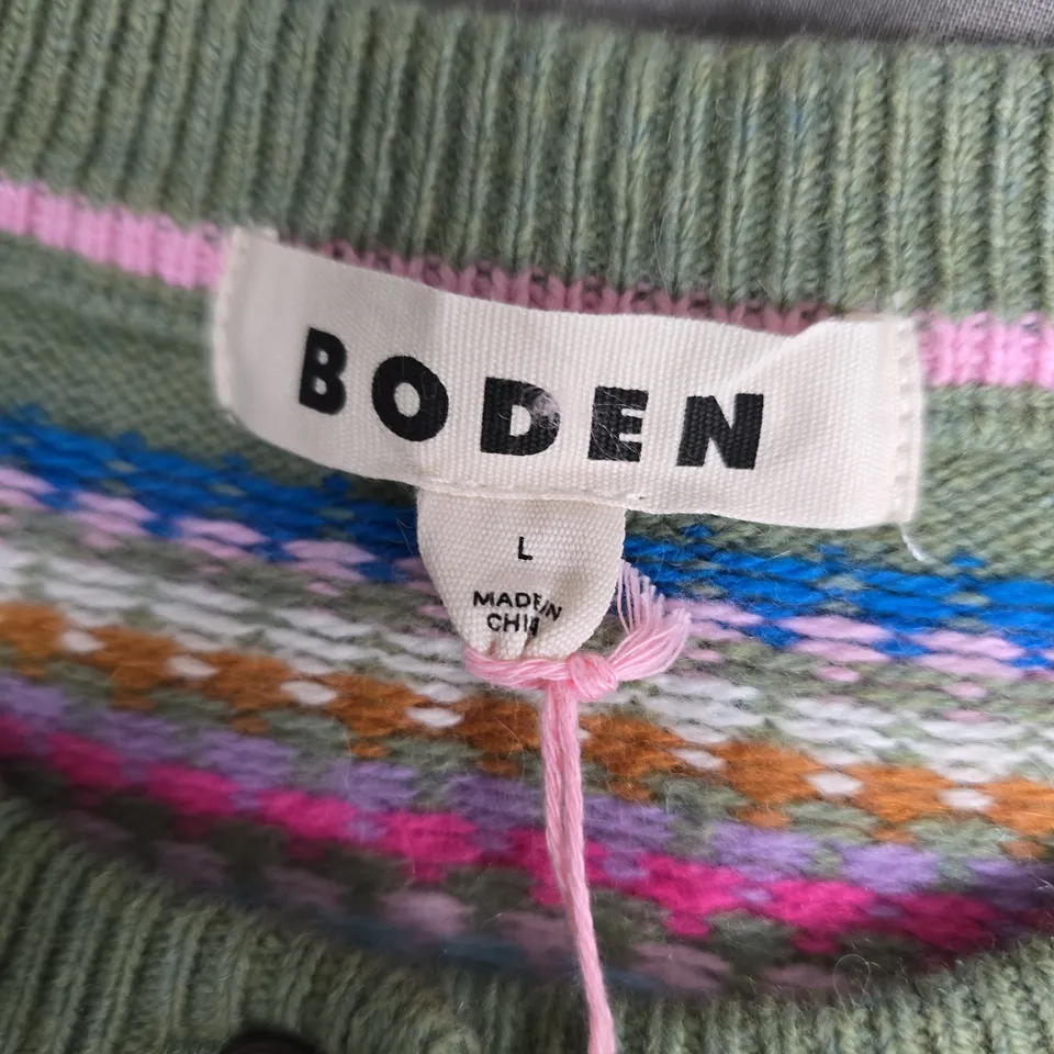 BODEN WOMEN'S CARDIGAN - GREEN WITH MULTICOLOUR STRIPE KNIT, SIZE L