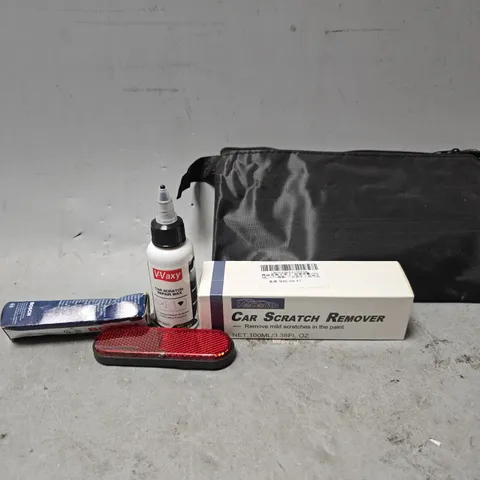 APPROXIMATELY 12 ASSORTED ITEMS TO INCLUDE - CAR SRATCH REPAIR WAX , TYRE REPAIR KIT , RED REFLECTOR ETC