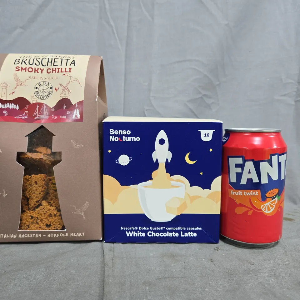 APPROXIMATELY 8 ASSORTED FOOD AND DRINK ITEMS TO INCLUDE FANTA, BRUSCHETTA, ETC