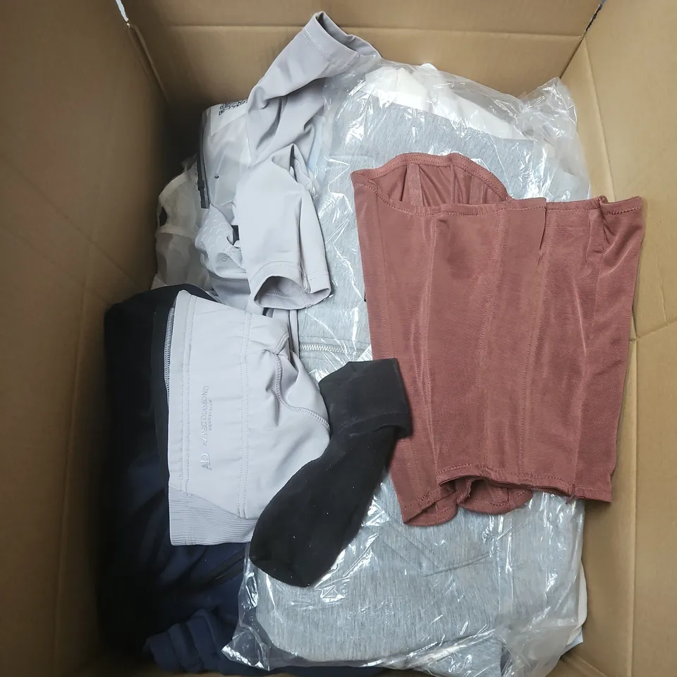 LARGE BOX OF APPROXIMATELY 20 ASSORTED CLOTHING ITEMS IN VARIOUS SIZES, STYLES AND COLOURS