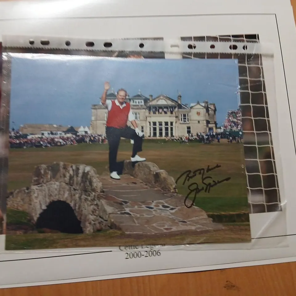 SIX ASSORTED AUTOGRAPHED PHOTOS/PICTURES TO INCLUDE; PETER CUSHING, JEREMY FRIMPONG, MICHAEL CONLON, CHRIS SUTTON, JACK NICKLAUS AND GIULIA