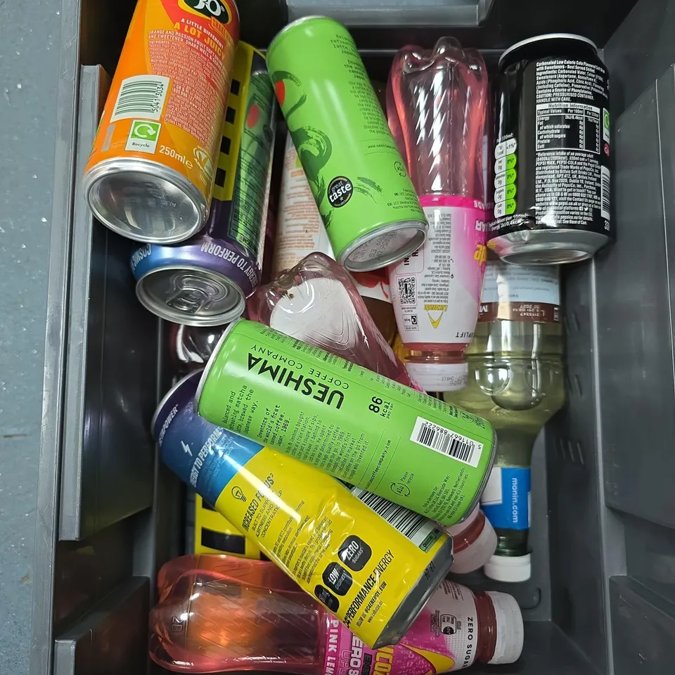 TOTE OF APPROXIMATELY 15 DRINKS ITEMS TO INCLUDE PEPSI CREAM SODA, C4 ENERGY DRINK AND BLUE CURACAO SYRUP