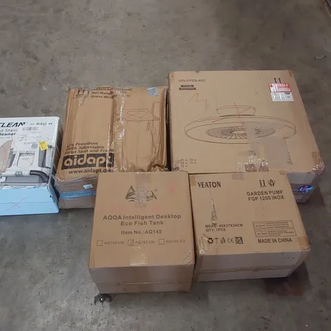 PALLET OF ASSORTED ITEMS INCLUDING: SPOT & STAIN DEEP CLEANER, GARDEN PUMP, CEILING FAN LIGHT, INTELLIGENT ECO FISH TANK, TOILET SEAT WITH FRAME ECT