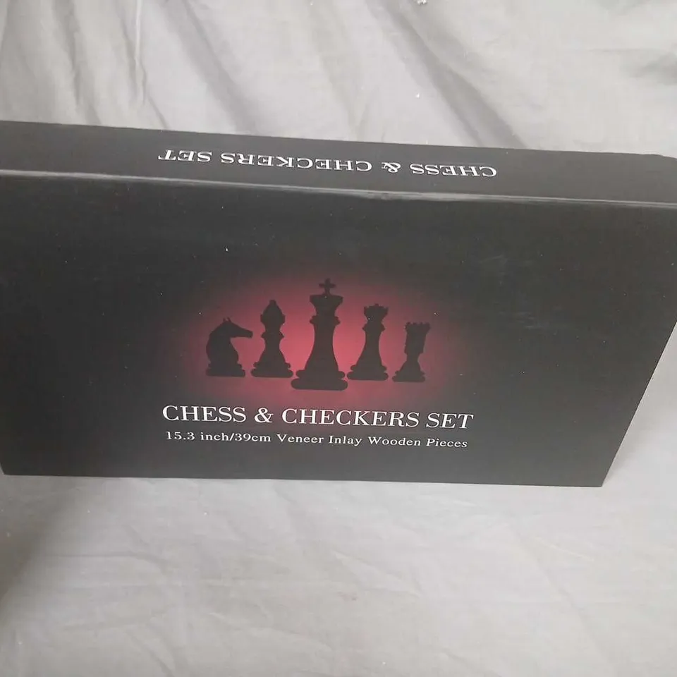CHESS & CHECKERS SET – VENEER INLAY WOODEN PIECES, 15.3 INCH / 39 CM – BOXED