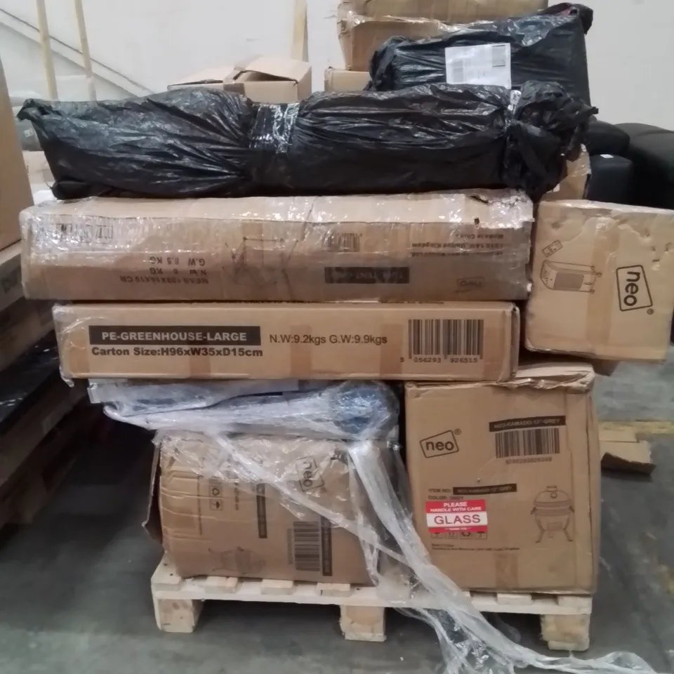 PALLET OF ASSORTED HOUSEHOLD GOODS AND PRODUCTS TO INCLUDE;LARGE GREENHOUSE,TUBE TENTS,AIR COOLER,STEAM MOP