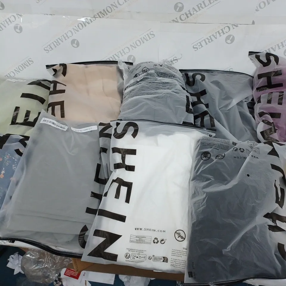 BOX OF APPROXIMATELY 10 ASSORTED SHEIN CLOTHING ITEMS IN VARIOUS COLOURS & SIZES