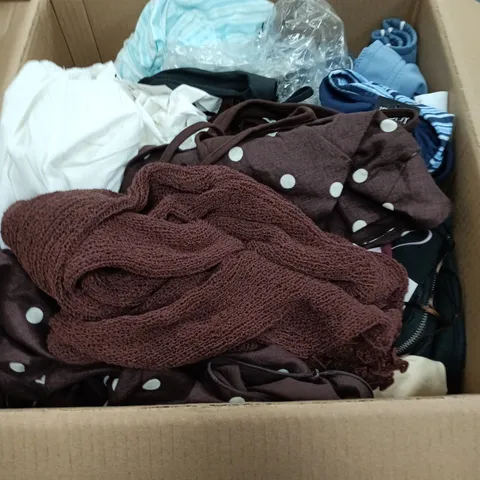 BOX OF APPROXIMATELY 20 ASSORTED CLOTHING ITEMS IN VARIOUS STYLES , COLOURS AND SIZES