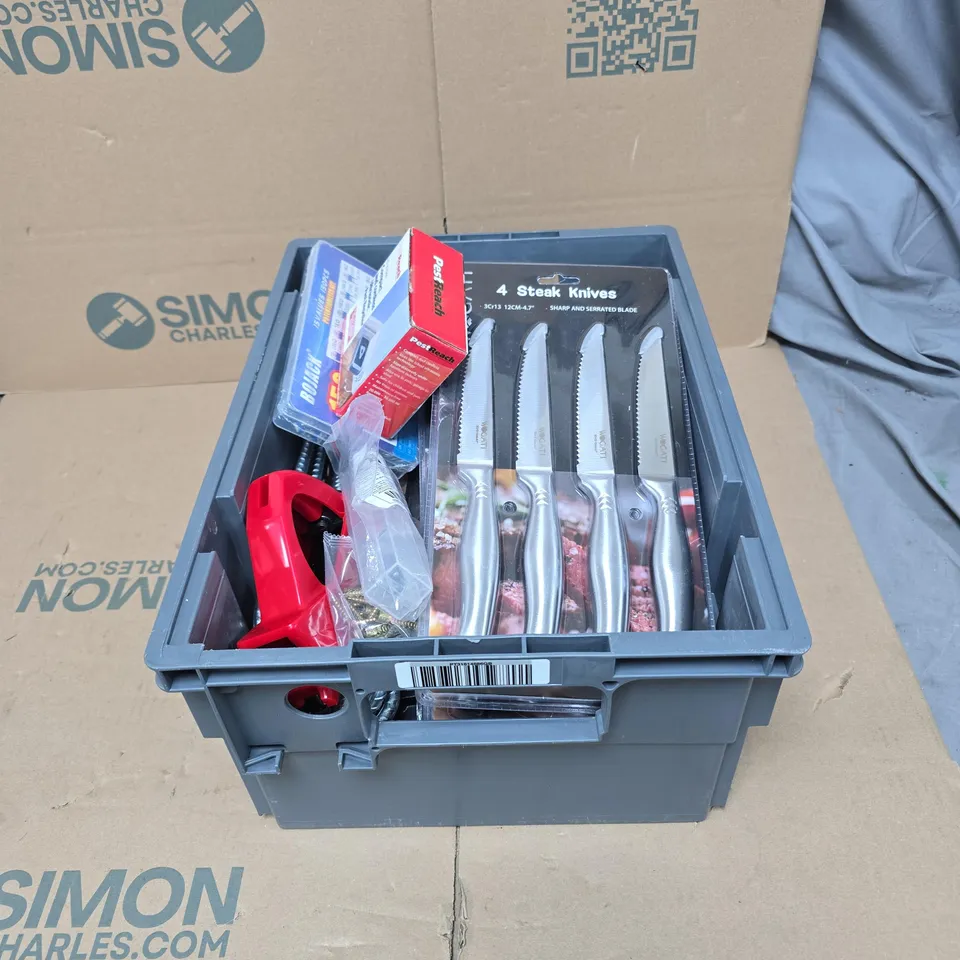 TOTE OF APPROXIMATELY 15 ASSORTED HOUSEHOLD ITEMS TO INCLUDE STEAK KNIVES, PEST REPELLER, BOJACK 150 PIECES ETC