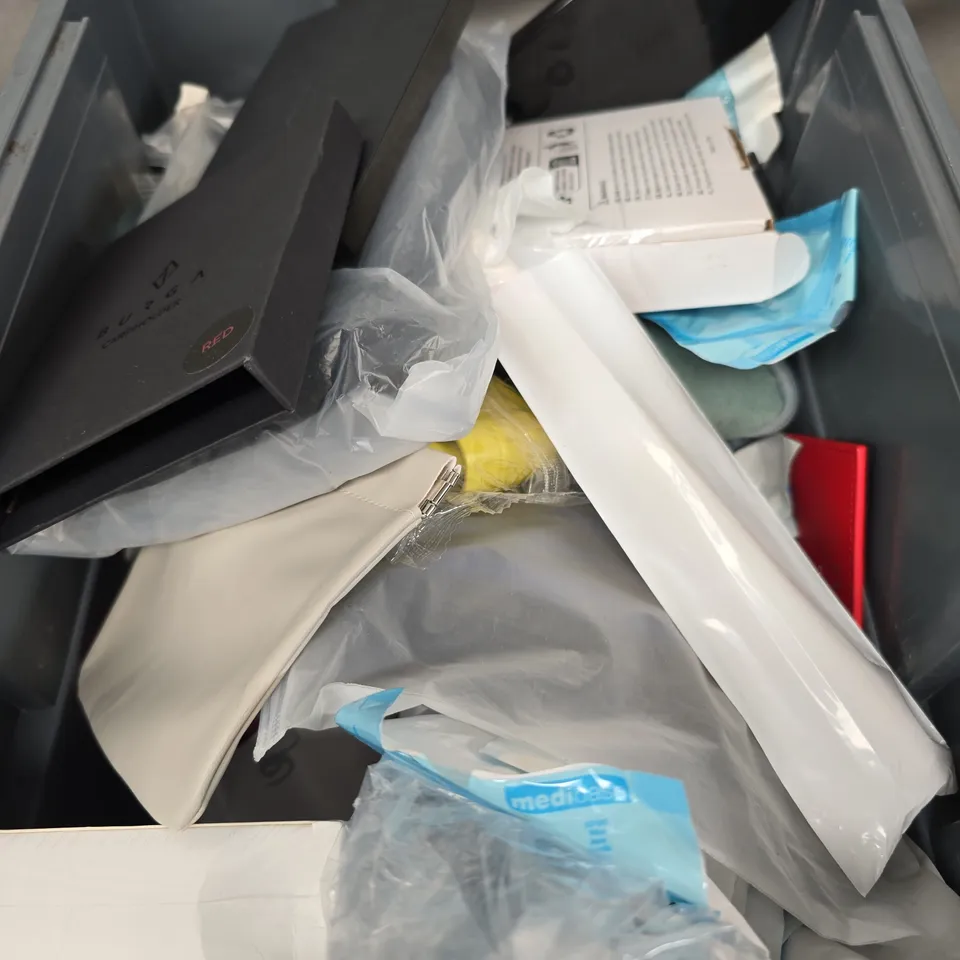 BOX OF ASSORTED ITEMS TO INCLUDE - WALLETS - HAND GUARDS - BAGS  