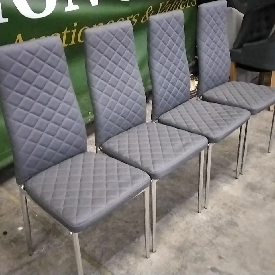 SET OF 4 GREY LEATHER PILLOWED DINING CHAIRS WITH CHROME LEGS 