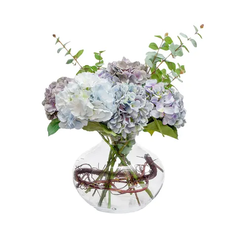 PEONY HYDRANGEAS AND EUCALPTUS WITH WILLOW TWIG IN LARGE FISH BOWL