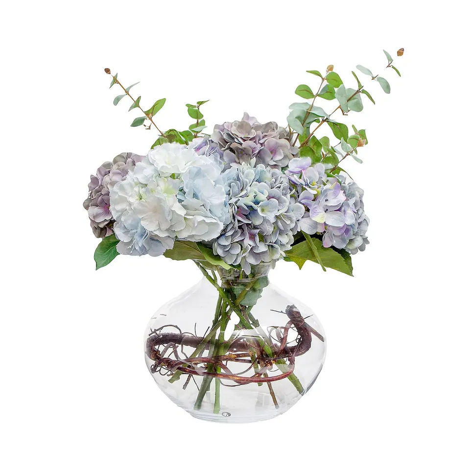 PEONY HYDRANGEAS AND EUCALPTUS WITH WILLOW TWIG IN LARGE FISH BOWL