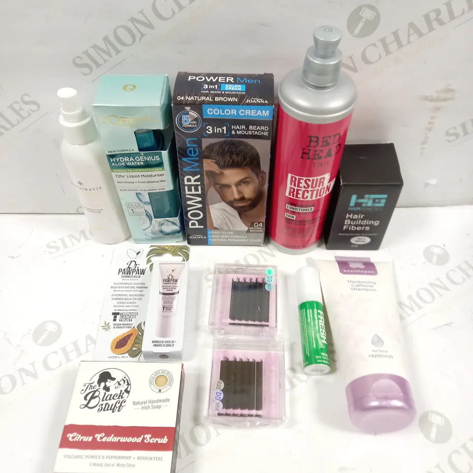 BOX OF 20 ASSORTED HEALTH & BEAUTY PRODUCTS TO INCLUDE BED HEAD RESURRECTION CONDITIONER, THE BLACK STUFF CEDARWOOD SCRUB, POWER MEN COLOUR BEARD CREAM ETC 
