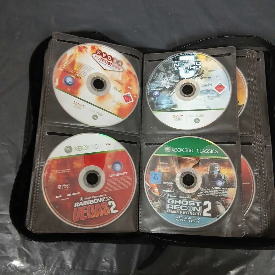 CD/GAME WALLET WITH APPROXIMATELY 50 ASSORTED XBOX 360 GAMES