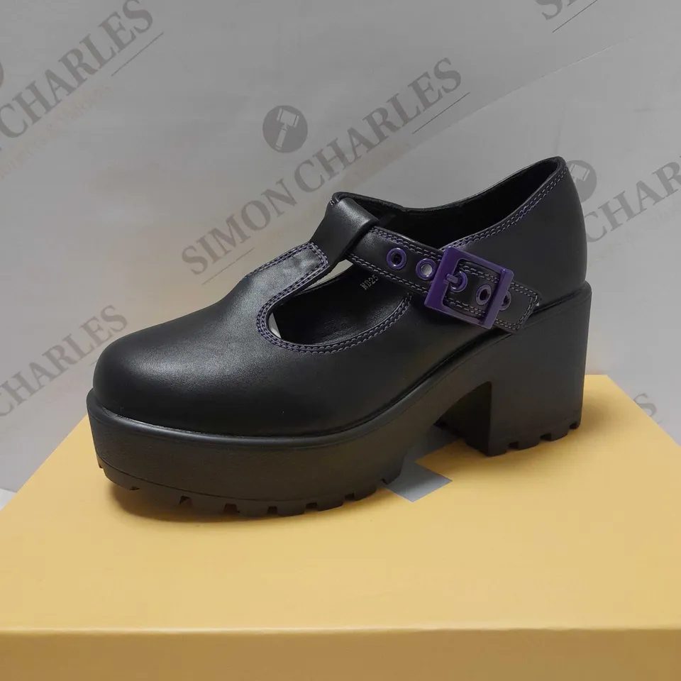 KOI TOZO BLACK PU/PURPLE STITCH MARY JANES SHOES - SIZE 3