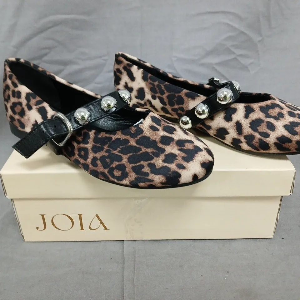 BOXED PAIR OF JOIA LEOPARD STUDDED STRAP BALLET PUMPS SIZE EU 36