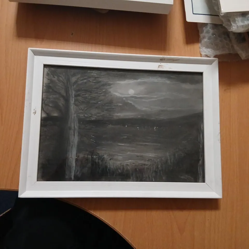 MONOCHROME LANDSCAPE PAINTING WITH TREE AND MOON, FRAMED