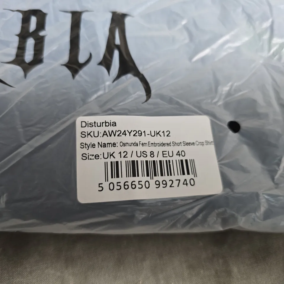 BAGGED DISTURBIA OSMUNDA FERN EMBROIDERED SHORT SLEEVE CROP SHIRT – UK 12