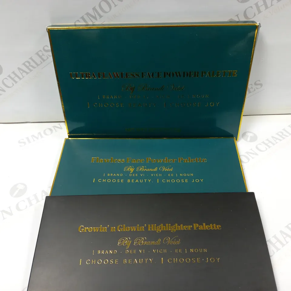LOT OF 5 BRANDI VVICI ITEMS TO INCLUDE FLAWLESS FACE PALETTE, ULTRA FLAWLESS FACE PALETTE, GROWIN` N GLOWIN` HIGHLIGHTER PALETTE, SO ESSENTIAL BLUSH PALETTE AND SETTING SPRAY (80ML)