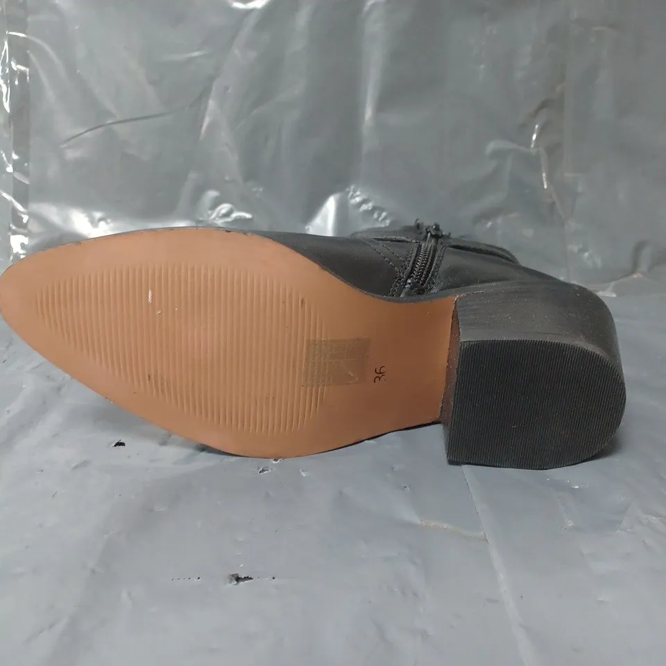 BOXED PAIR OF BLACK LEATHER ANKLE BOOTS - SIZE 36