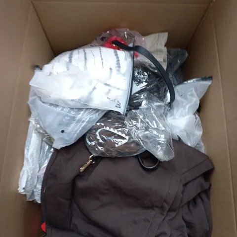 LARGE BOX OF APPROXIMATELY 25 ASSORTED CLOTHING ITEMS IN VARIOUS COLOURS, STYLES AND SIZES - COLLECTION ONLY