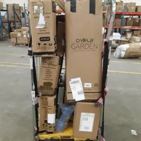 CAGE OF ASSORTED HOUSEHOLD GOODS AND PRODUCTS TO INCLUDE; SHELVING UNIT, LAWN EDGING AND FENCE POST SHOES