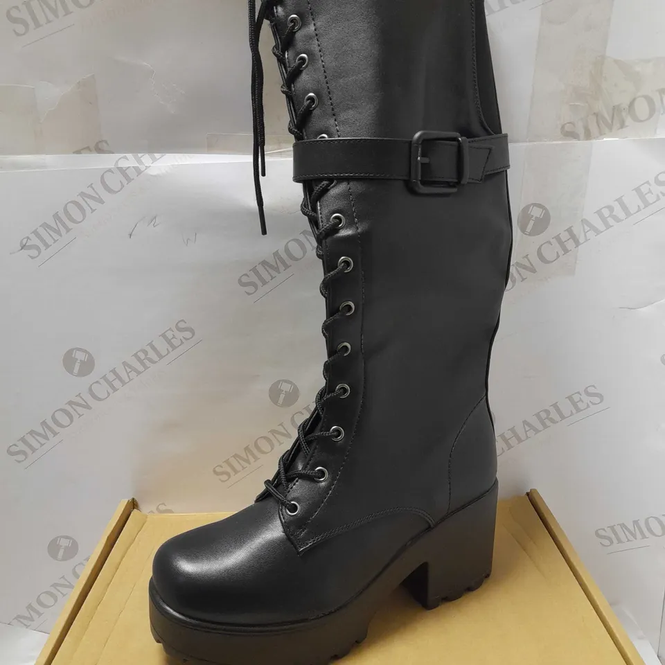 KOI CYRAX CHUNKY KNEE HIGH BLACK PU BUCKLE BOOTS - SIZE 3