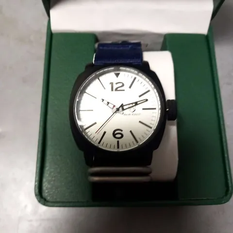 BOXED FRANK SCHMIDT BLACK FRAMED WRIST WATCH WITH SILVER FACE AND BLUE STRAP