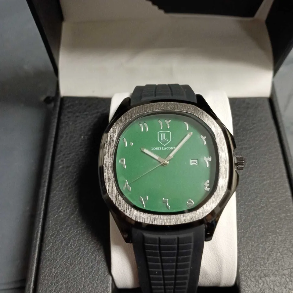 LOUIS LACOMBE WATCH – GREEN DIAL, CUSHION CASE, BLACK RUBBER STRAP