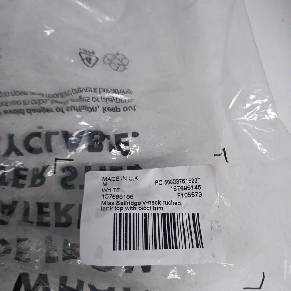 MISS SELFRIDGE WHITE V-NECK RUCHED TANK TOP – UK 12-14 (EU 40-42, US 8-10)