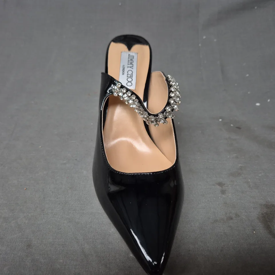 BOXED PAIR OF JIMMY CHOO POINTED TOE HEELED SHOES IN GLOSSY BLACK W. JEWEL EFFECT EU SIZE 38