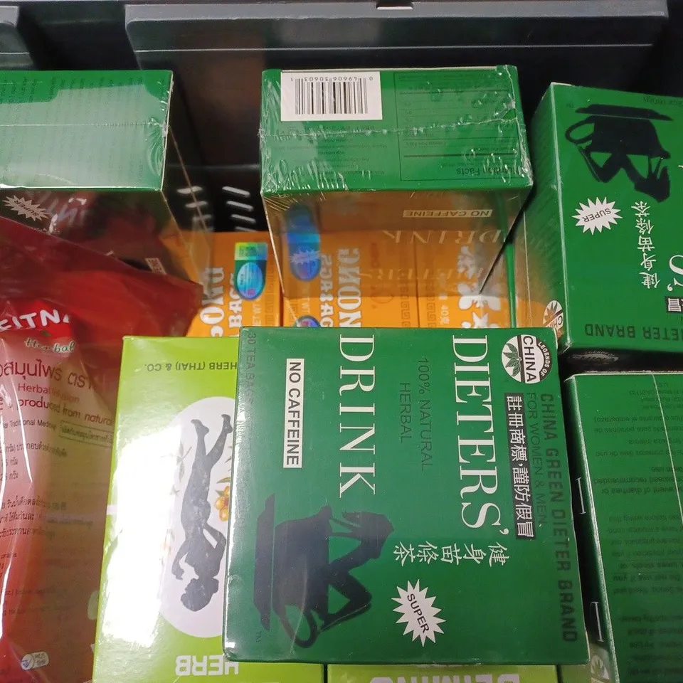 LOT OF APPROX 14 ASSORTED FOOD & DRING ITEMS TO INCLUDE - SLIMING HERB - DIETERS NO CAFFEINE TEA - OOLONG TEA BAG ETC