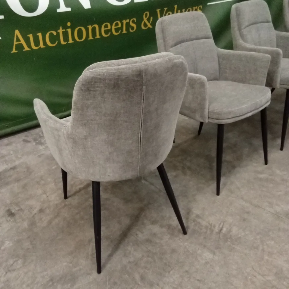 SET OF 4 QUALITY DESIGNER GREY FABRIC DINING CHAIRS WITH BLACK METAL LEGS