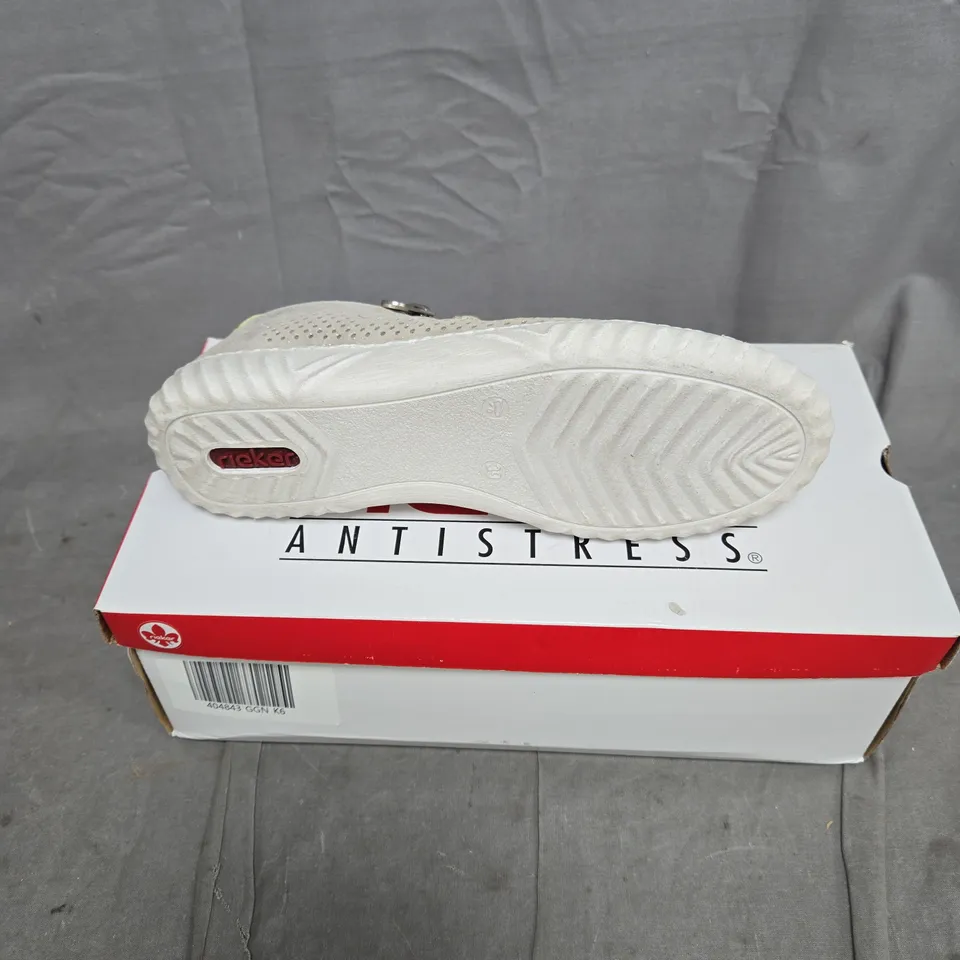 BOXED PAIR OF RIEKER LEATHER PERFORATED METALLIC TRAINERS IN GOLD SIZE 6