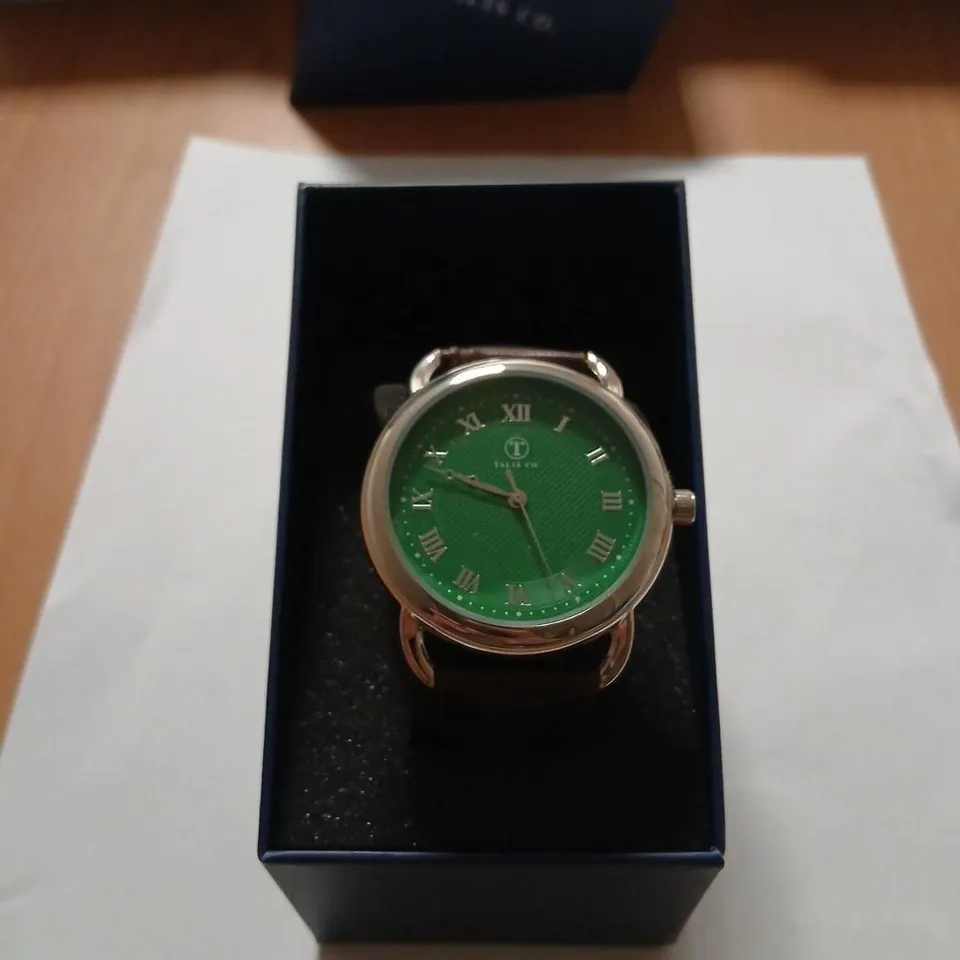 TALIS CO WRISTWATCH WITH GREEN DIAL, SILVER CASE & BROWN LEATHER STRAP 