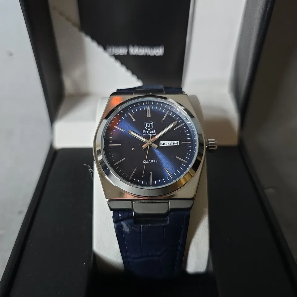 ERNEST FERDINAND WATCH – DAY DATE CALENDAR DIAL – LEATHER STRAP – 3ATM WATER RESISTANT - GIFT BOX
