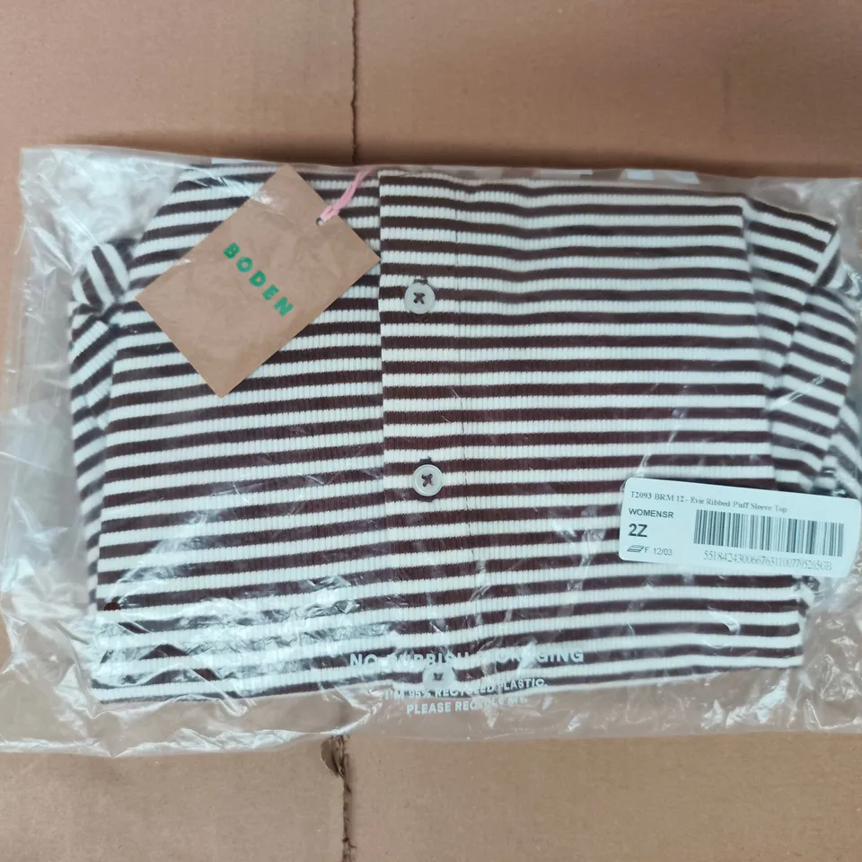 BAGGED BODEN EVIE RIBBED PUFF SLEEVE TOP IN BROWN/WHITE STRIPES SIZE UK 12