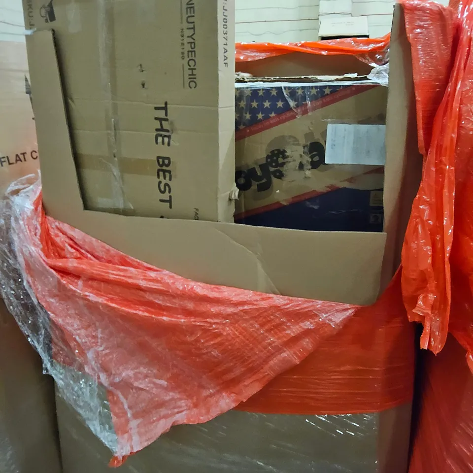 PALLET OF ASSORTED ITEMS TO INCLUDE, CHILDS BIKE, BOXED FURNITURE INFLATABLE MATTRESS.