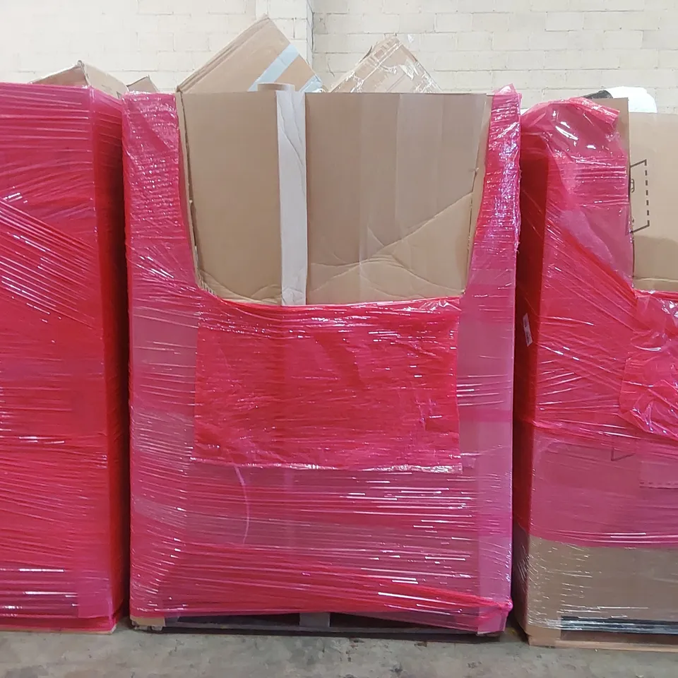PALLET OF ASSORTED ITEMS INCLUDING: RETRACTABLE HOLE REEL, WOODEN PRINT RACK, BLINDS, DESK MAT, PICTURE FRAME SET ECT