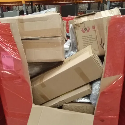 PALLET OF ASSORTED HOUSEHOLD GOODS AND PRODUCTS TO INCLUDE; CEILING LIGHT WITH FAN, FURNITURE, SUITCASE, THROW ETC