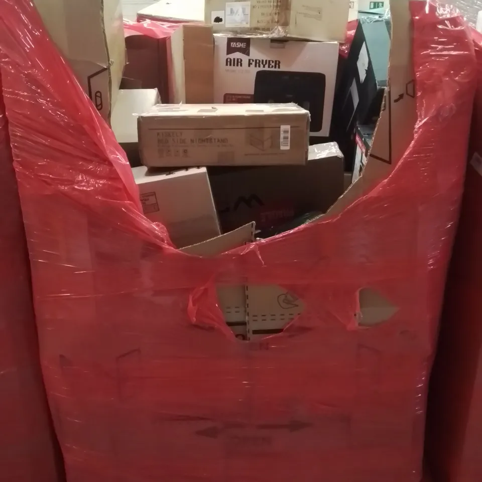 PALLET CONTAINING VARIOUS ASSORTED BOXED HOUSEHOLD ITEMS TO INCLUDE: ROTARY DEHUMIDIFIER, NON COATED WOK PAN, AIR FRYER, OFFICE ORGANISER AND LOTS MORE UNMARKED BOXED ITEMS 