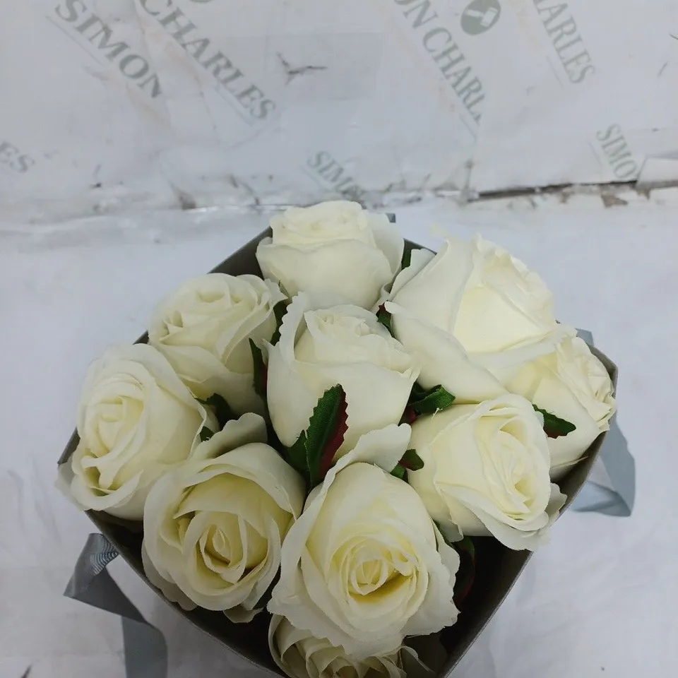 BOXED FAUX FLOWER ARRANGEMENT WITH VASE AND PEONY FLOWER AND ROOM SCENT WHITE ROSES
