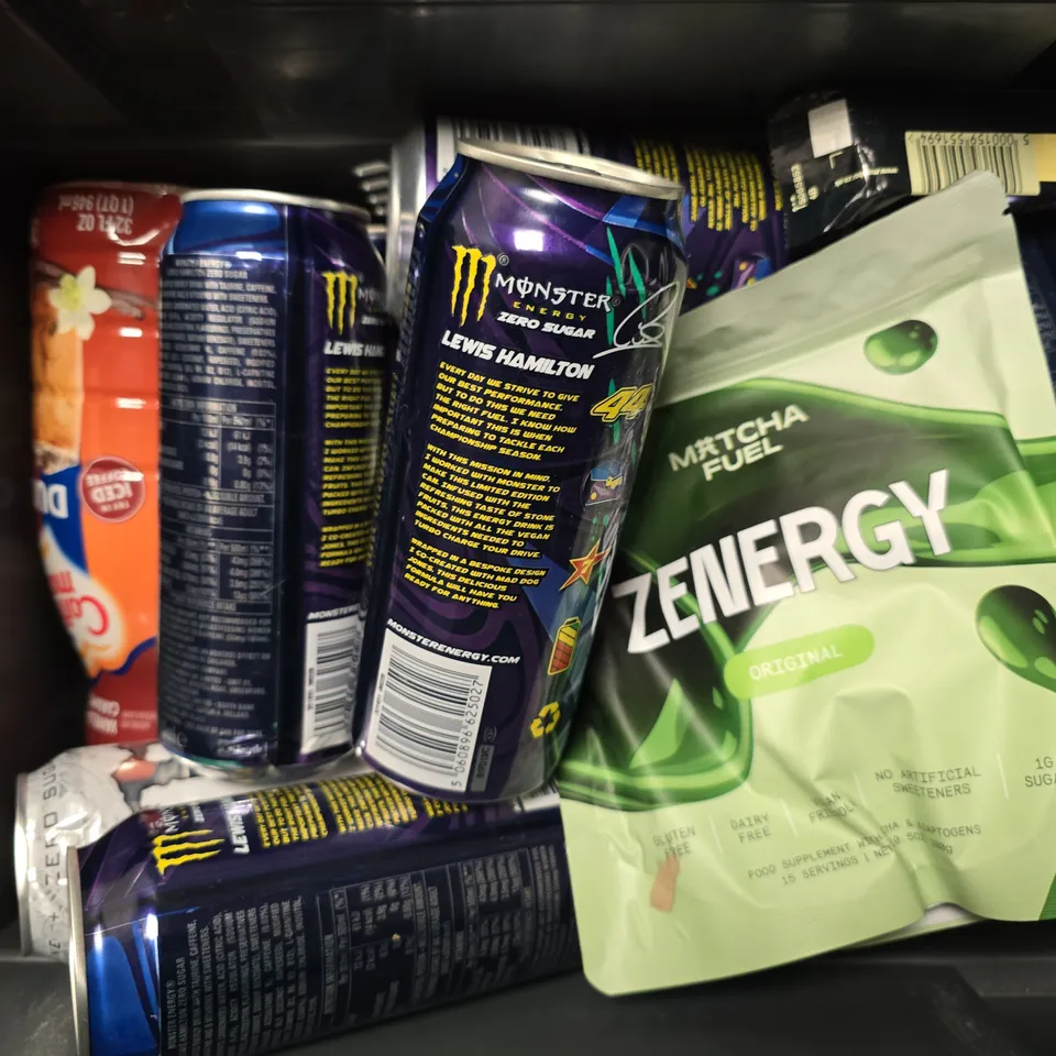 APPROXIMATELY 12 ASSORTED FOOD & DRINK ITEMS TO INCLUDE - MONSTER ZERO SUGAR , M&S MINT HUMBUGS , HARIBO SHARE THE HAPPY ETC