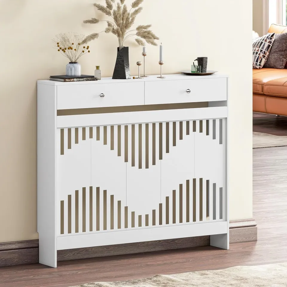 BOXED RADIATOR COVER WITH DRAWERS, WHITE WOODEN RADIATOR SHELF PIPE COVERS CABINET WITH WAVY GRILL FOR LIVING ROOM BEDROOM HALLWAY, 109LX19WX95HCM - WHITE